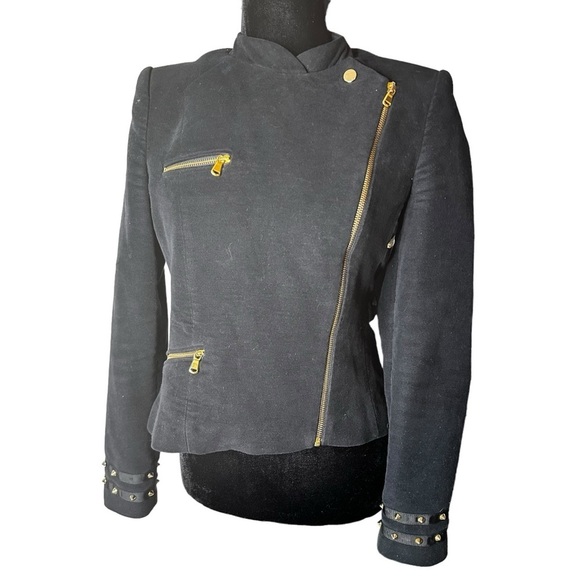 Zara Jackets & Blazers - Zara Velvet Like Moto Bomber Collarless Jacket w/ Gold Zipper & Stud Detail sz M